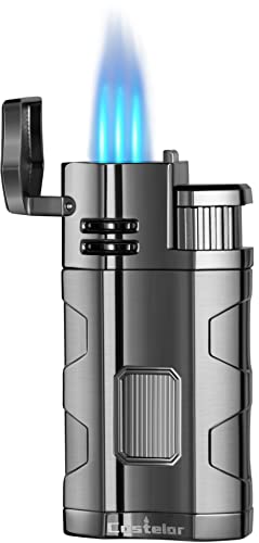 Castelar Torch Lighter Triple Jet Flame Refillable Butane Cigar Lighter with Cigar Punch Rest Holder - Butane Not Included