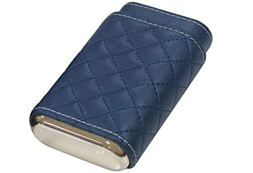 Prestige Import Group - 3 Cigar Holder Leather Diamond Pattern Stitch Style Cigar Travel Case - Blue