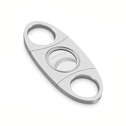 Cigar Cutter Stainless Steel Guillotine Double Cut Blade in Leather Pouch, Silver