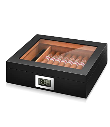 Cigar Humidor Box Glass Top,Spanish Cedar Wood 25-35 Cigars Storage Case, Desktop Humidor Cigar Box with Hygrometer, Humidifier & Divider, Luxury Black Finish