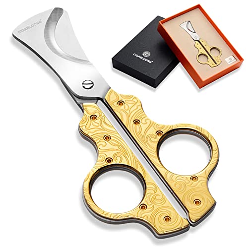 Cigar Scissors Cutter Stainless Steel Double Blade Guillotine Cutter Straight Cut Scissors with Leather Case (Gold)