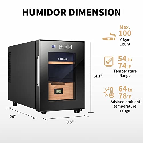 NEEDONE Humidor 16L, Electric Cooler Humidors for 100 Counts, Electronic Cabinet with Cooling Control, Spanish Cedar Wood Drawer Shelves, Digital Hygrometer Displays, Gift for Men