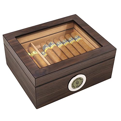 Flauno Cigar Humidor, Glass Top Cedar Humidor Cigar Box with Digital Hygrometer, Humidifier, Cedar Wood Tray and Movable Divider, Cigar Case Holds 25-50 Cigars, Ideal Cigar Accessory, Gift for Men