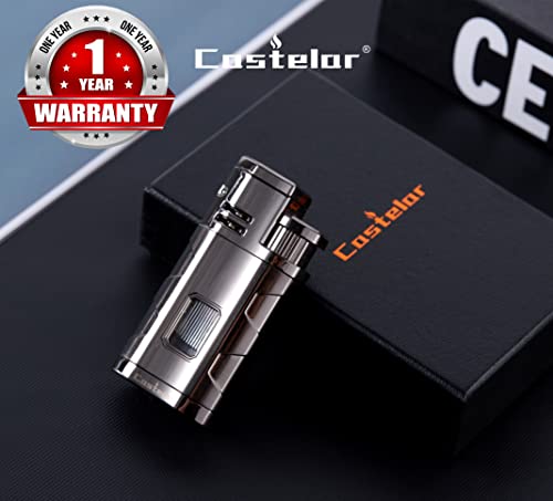 Castelar Torch Lighter Triple Jet Flame Refillable Butane Cigar Lighter with Cigar Punch Rest Holder - Butane Not Included