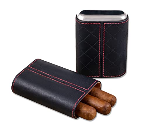 Prestige Import Group - 3 Cigar Holder Leather Diamond Pattern Stitch Style Cigar Travel Case - Black