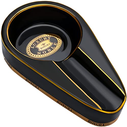 roygra Cigar Ashtray, Handmade Gilt Ceramic Cigar Ashtray, Outdoor Cigar Accessories (Black)