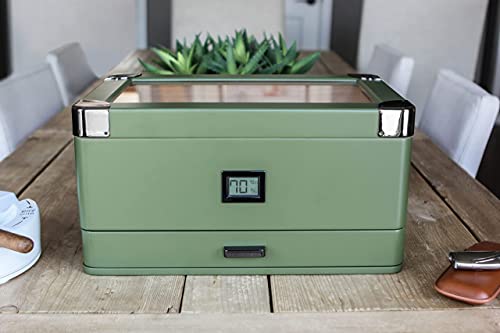 CASE ELEGANCE Military Glass Top Humidor with Thick Cedar, Easy humidification System, Accurate Digital Hygrometer - Green