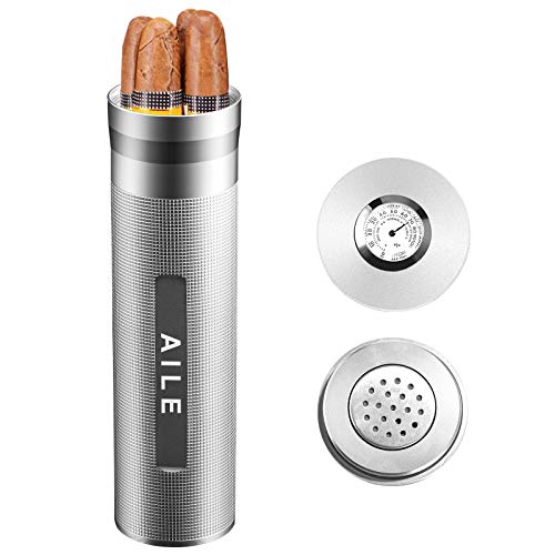 AILE Cigar Stainless Steel humidor Silver Travel Cigar case Tube for 3 to 4 Cigars, Portable Cigar case, Cigar Hygrometer, Great Gift for Lover