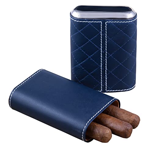 Prestige Import Group - 3 Cigar Holder Leather Diamond Pattern Stitch Style Cigar Travel Case - Blue