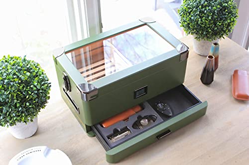 CASE ELEGANCE Military Glass Top Humidor with Thick Cedar, Easy humidification System, Accurate Digital Hygrometer - Green