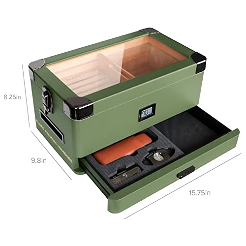 CASE ELEGANCE Military Glass Top Humidor with Thick Cedar, Easy humidification System, Accurate Digital Hygrometer - Green