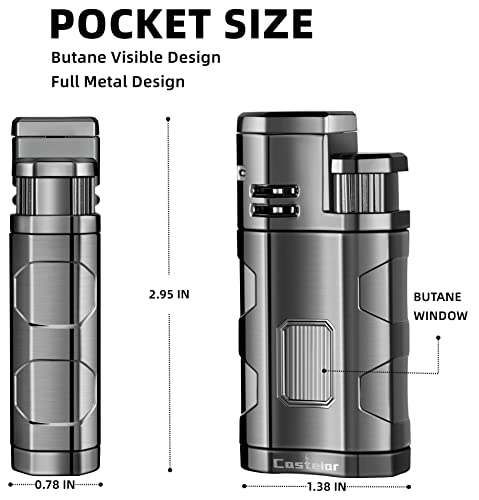 Castelar Torch Lighter Triple Jet Flame Refillable Butane Cigar Lighter with Cigar Punch Rest Holder - Butane Not Included