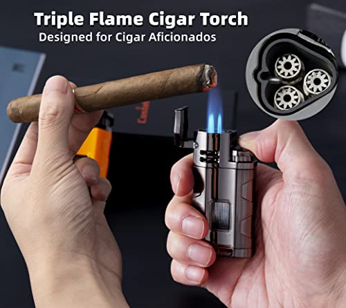 Castelar Torch Lighter Triple Jet Flame Refillable Butane Cigar Lighter with Cigar Punch Rest Holder - Butane Not Included