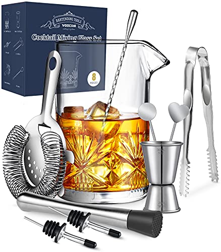 Cocktail Mixing Glass, veecom 18oz Mixing Glass 10 Piece Old Fashioned Kit, Cocktail Mixing Glass Set Bartender Kit with Cocktail Strainer, Muddler, Spoon, Jigger, Ice Tongs, Picks, Pourers, Bar Set