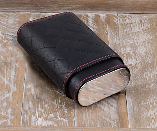 Prestige Import Group - 3 Cigar Holder Leather Diamond Pattern Stitch Style Cigar Travel Case - Black