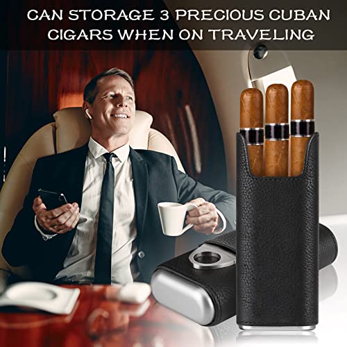 COOL KNIGHT Leather Cigar Case - Cedar Wood Lining Travel Humidors for Cigars - Cigar Accessories Include Stainless Steel Cigar Cutter - Cigar Gift Box for Cigar Lovers (Black)