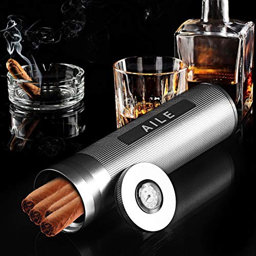 AILE Cigar Stainless Steel humidor Silver Travel Cigar case Tube for 3 to 4 Cigars, Portable Cigar case, Cigar Hygrometer, Great Gift for Lover