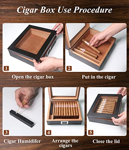 Cigar Humidor Box Glass Top,Spanish Cedar Wood 25-35 Cigars Storage Case, Desktop Humidor Cigar Box with Hygrometer, Humidifier & Divider, Luxury Black Finish