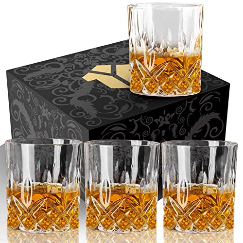 OPAYLY Whiskey Glasses Set of 4, Rocks Glasses, 10 oz Old Fashioned Tumblers for Drinking Scotch Bourbon Whisky Cocktail Cognac Vodka Gin Tequila Rum Liquor Rye Gift for Men Women at Home Bar