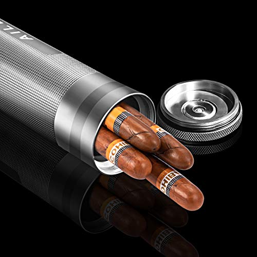 AILE Cigar Stainless Steel humidor Silver Travel Cigar case Tube for 3 to 4 Cigars, Portable Cigar case, Cigar Hygrometer, Great Gift for Lover