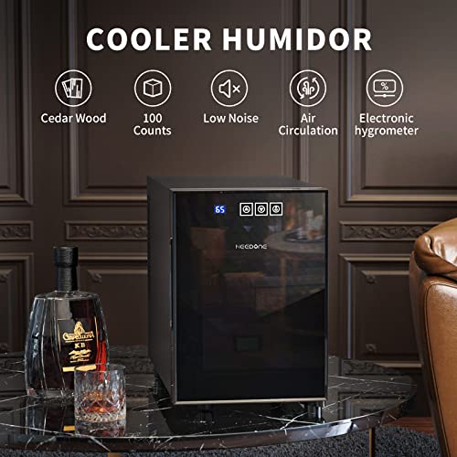 NEEDONE Humidor 16L, Electric Cooler Humidors for 100 Counts, Electronic Cabinet with Cooling Control, Spanish Cedar Wood Drawer Shelves, Digital Hygrometer Displays, Gift for Men