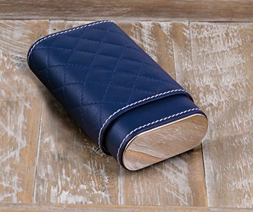 Prestige Import Group - 3 Cigar Holder Leather Diamond Pattern Stitch Style Cigar Travel Case - Blue