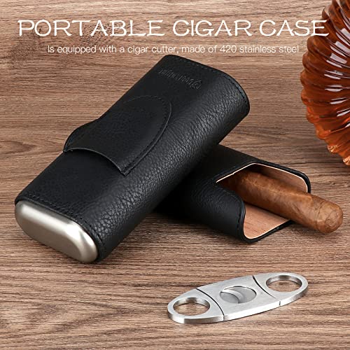 COOL KNIGHT Leather Cigar Case - Cedar Wood Lining Travel Humidors for Cigars - Cigar Accessories Include Stainless Steel Cigar Cutter - Cigar Gift Box for Cigar Lovers (Black)