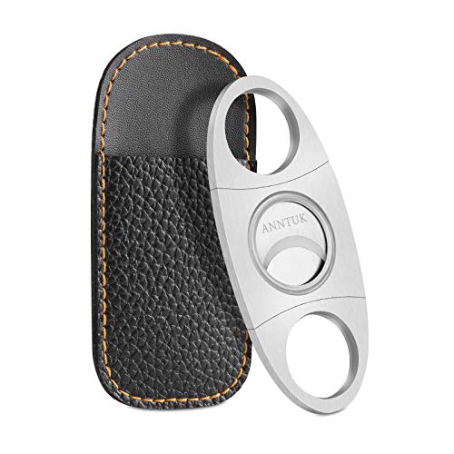 Cigar Cutter Stainless Steel Guillotine Double Cut Blade in Leather Pouch, Silver