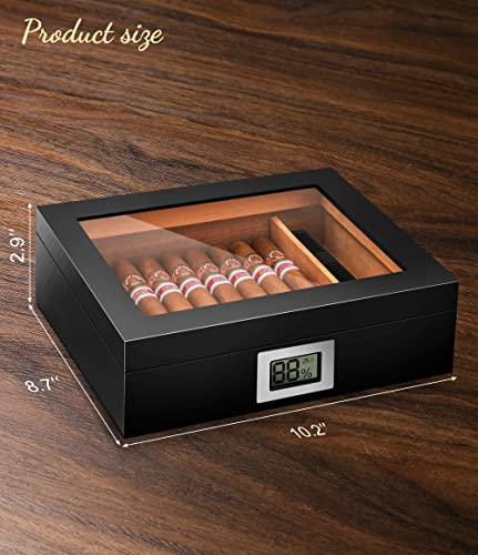 Cigar Humidor Box Glass Top,Spanish Cedar Wood 25-35 Cigars Storage Case, Desktop Humidor Cigar Box with Hygrometer, Humidifier & Divider, Luxury Black Finish