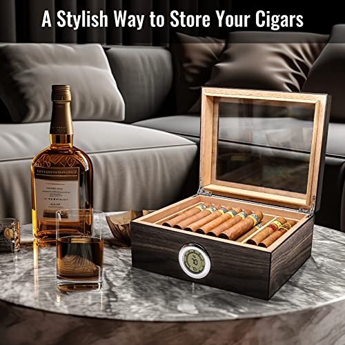 Flauno Cigar Humidor, Glass Top Cedar Humidor Cigar Box with Digital Hygrometer, Humidifier, Cedar Wood Tray and Movable Divider, Cigar Case Holds 25-50 Cigars, Ideal Cigar Accessory, Gift for Men