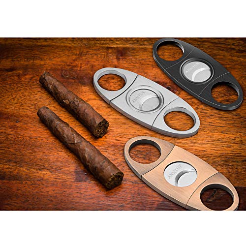 Cigar Cutter Stainless Steel Guillotine Double Cut Blade in Leather Pouch, Silver