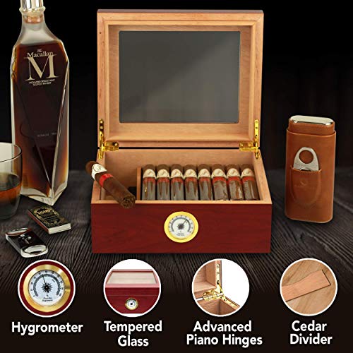 Mantello Cigar Humidors, Royal Glass-Top Cigar Humidor, Cigar Box for 25-50 Cigars, with Hygrometer & Divider, Humidors