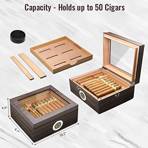 Flauno Cigar Humidor, Glass Top Cedar Humidor Cigar Box with Digital Hygrometer, Humidifier, Cedar Wood Tray and Movable Divider, Cigar Case Holds 25-50 Cigars, Ideal Cigar Accessory, Gift for Men