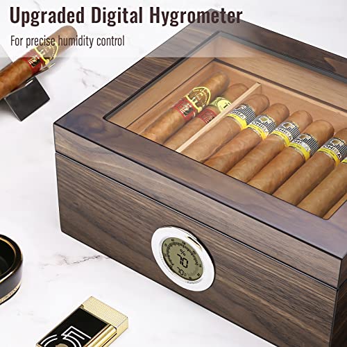 Flauno Cigar Humidor, Glass Top Cedar Humidor Cigar Box with Digital Hygrometer, Humidifier, Cedar Wood Tray and Movable Divider, Cigar Case Holds 25-50 Cigars, Ideal Cigar Accessory, Gift for Men