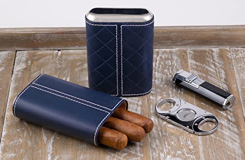 Prestige Import Group - 3 Cigar Holder Leather Diamond Pattern Stitch Style Cigar Travel Case - Blue