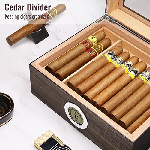 Flauno Cigar Humidor, Glass Top Cedar Humidor Cigar Box with Digital Hygrometer, Humidifier, Cedar Wood Tray and Movable Divider, Cigar Case Holds 25-50 Cigars, Ideal Cigar Accessory, Gift for Men