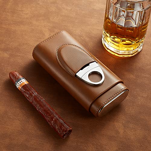 Cigar Case Travel - Cigar Humidor Accessories - Cigar Box with Cutter SEEJI Gift for Men (Brown)