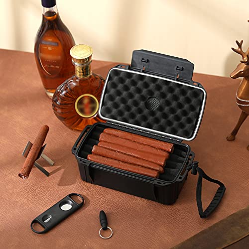 Woodelric Travel Cigar Humidor Box Case with Cigar Accessories & Spanish Cedar & Humidifier & Cigar Cutter & Cigar Stand Hold 10-15 Count -Cigar Waterproof Case, Crushproof, Airtight Seal Portable