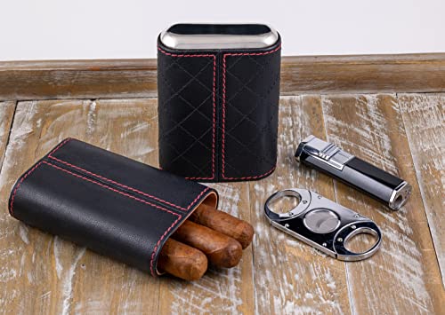 Prestige Import Group - 3 Cigar Holder Leather Diamond Pattern Stitch Style Cigar Travel Case - Black