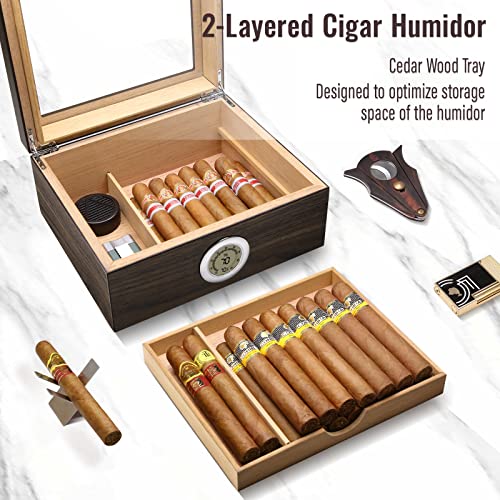 Flauno Cigar Humidor, Glass Top Cedar Humidor Cigar Box with Digital Hygrometer, Humidifier, Cedar Wood Tray and Movable Divider, Cigar Case Holds 25-50 Cigars, Ideal Cigar Accessory, Gift for Men