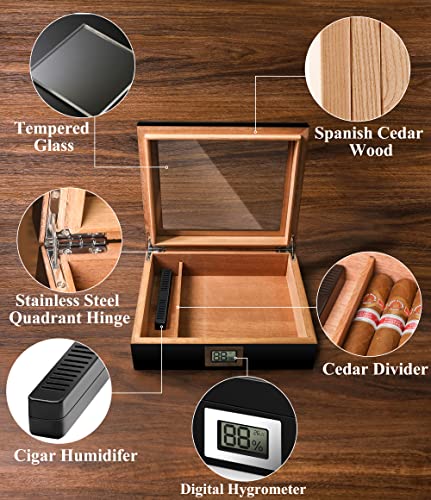 Cigar Humidor Box Glass Top,Spanish Cedar Wood 25-35 Cigars Storage Case, Desktop Humidor Cigar Box with Hygrometer, Humidifier & Divider, Luxury Black Finish