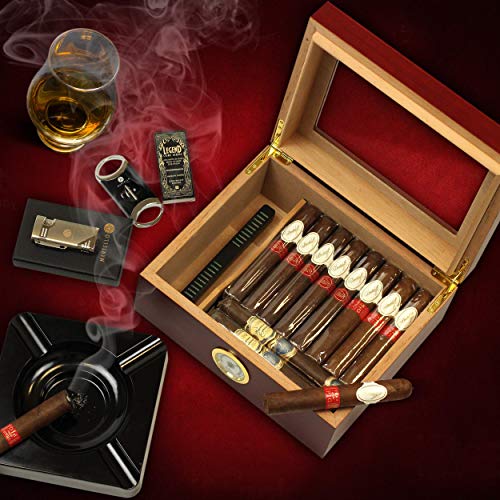 Mantello Cigar Humidors, Royal Glass-Top Cigar Humidor, Cigar Box for 25-50 Cigars, with Hygrometer & Divider, Humidors